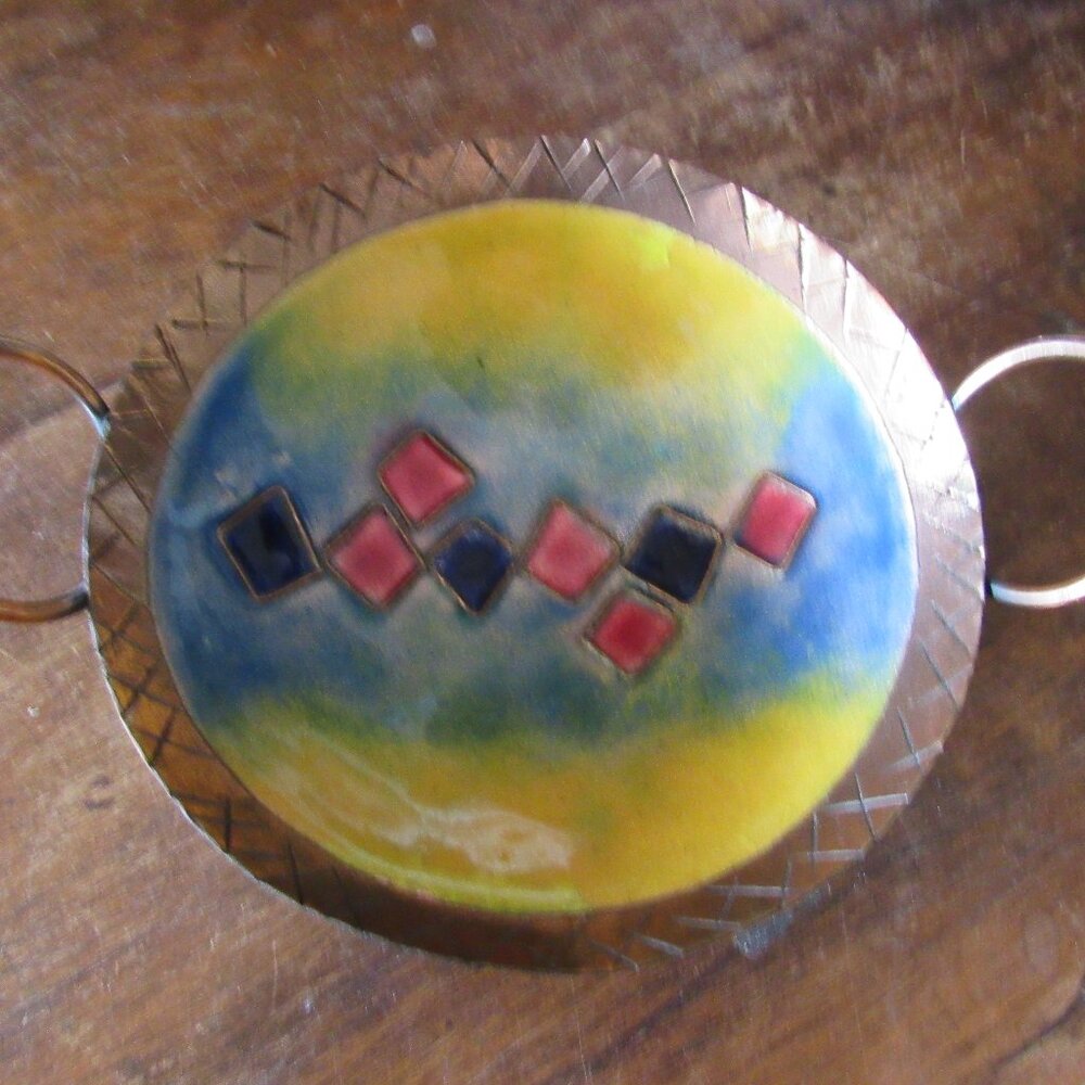 Copper and Enamel Dish with Handles Mid Century